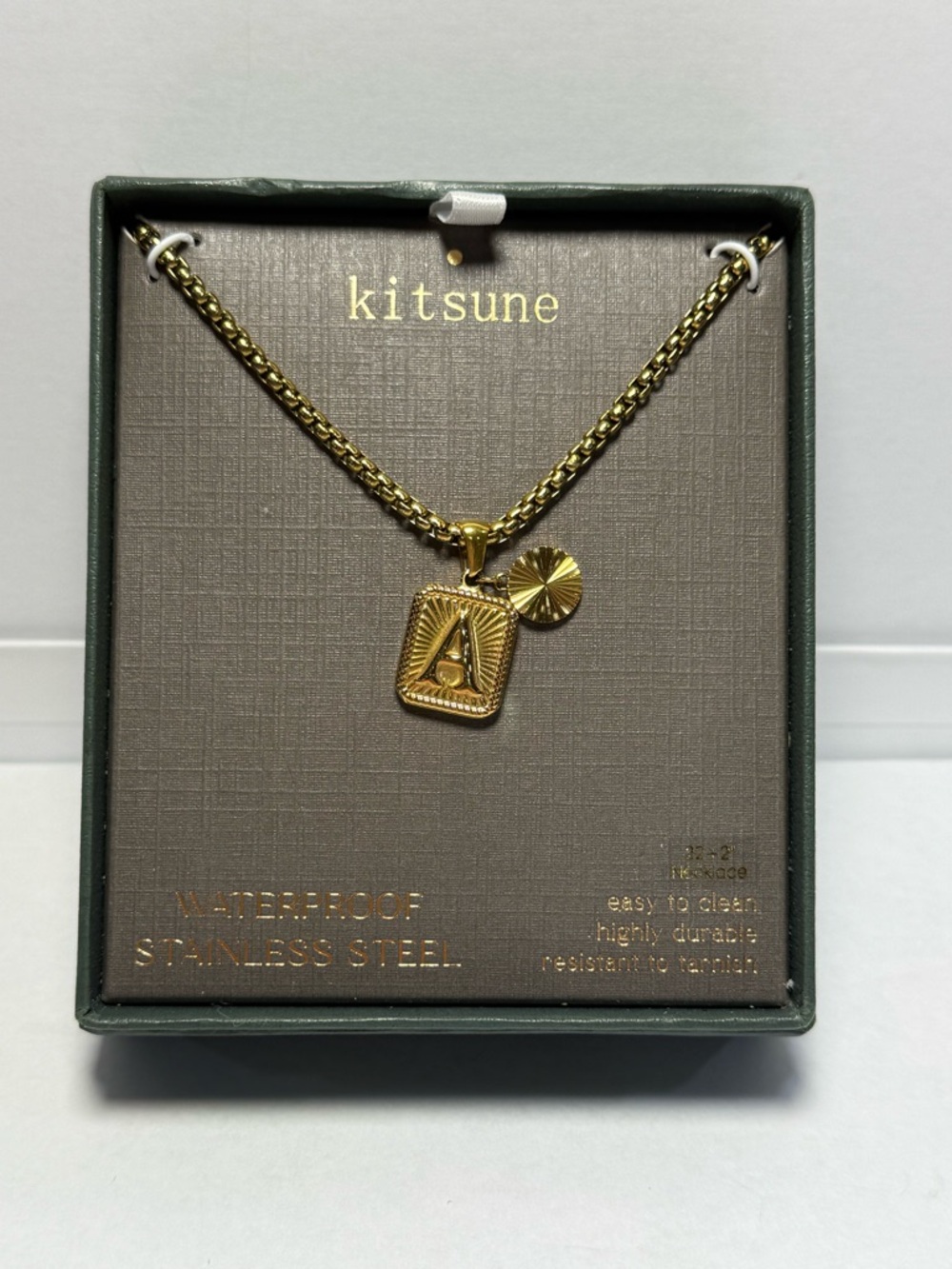 Kitsune Gold Tone Initial A Pendant Necklace Stainless Steel 22” + 2” Waterproof